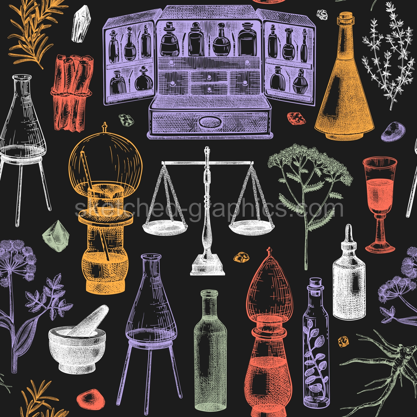 Herbal medicine background. Apothecary seamless pattern. Alchemy hand-drawn vector illustrations. Medicianl herbs fabric, textile, wrapping paper.  NOT AI generated Illustration